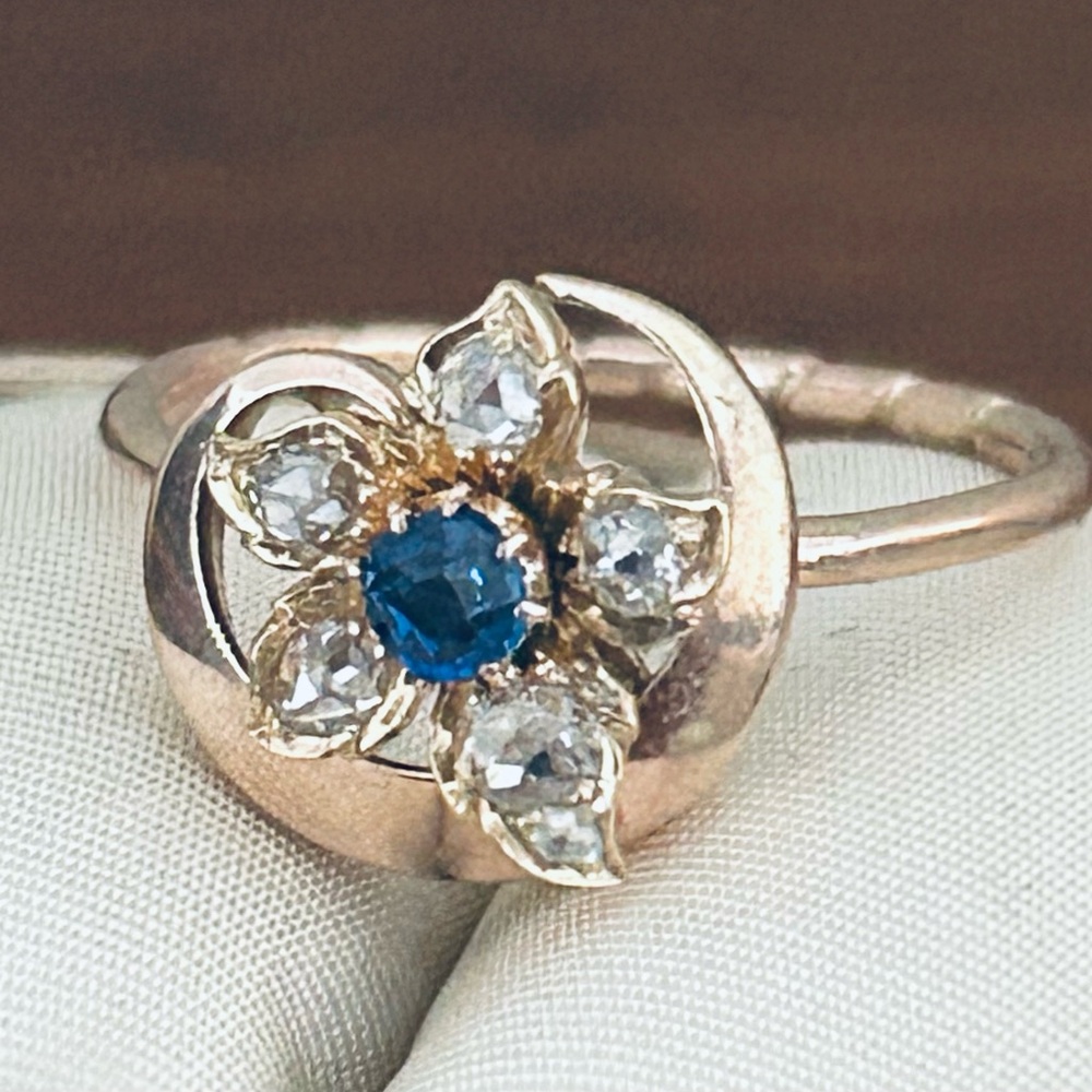Antique 14k Natural Sapphire and Rose Cut Diamonds Ring